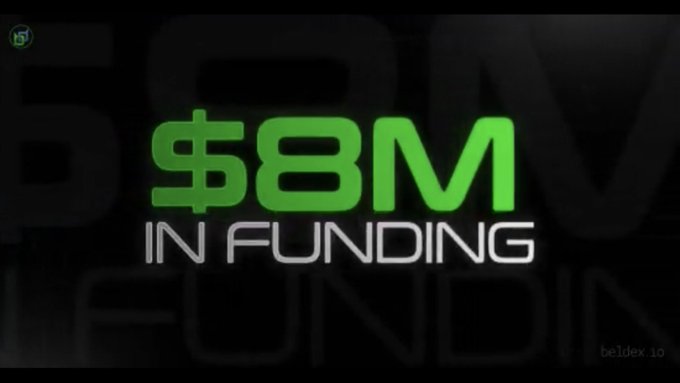 A graphic with text reading '$8M IN FUNDING' in bright green and white lettering on a dark background, with 'beldex.io' and a logo visible in the corners.