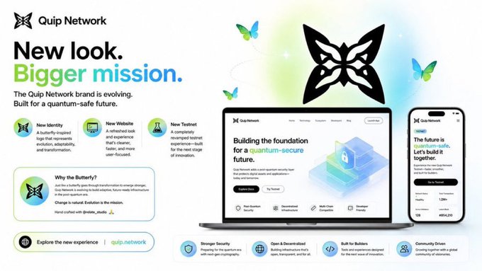 A promotional graphic for Quip Network announcing "New look. Bigger mission." with brand evolution details, describing a quantum-secure future with features like "New Identity," "New Website," and "New Testnet," alongside website and app mockups.