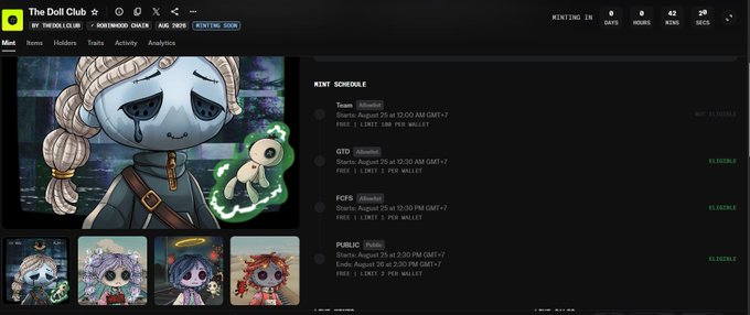 The image shows the Doll Club NFT minting website, featuring a crying doll mascot and a mint schedule with Team, GTO, FCFS, and Public sale phases starting August 25 at 12:30 PM GMT+7, with a "Minting Soon" countdown timer at the top—aligning with the post's mention of a 0:30 AM mint appointment for @dollclubnft.
