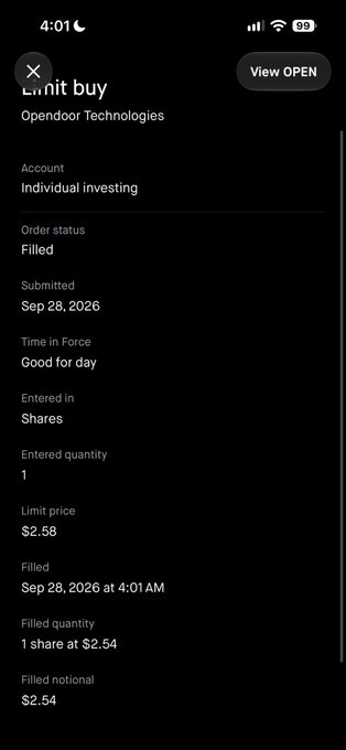 A mobile screenshot of a stock order confirmation for Opendoor Technologies with a 'Limit buy' order filled at $2.54.