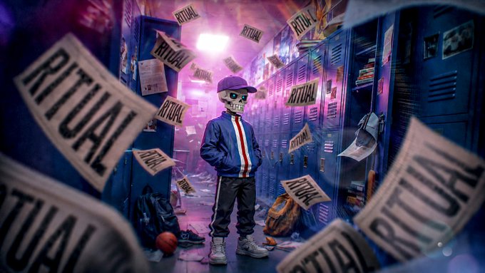 A skeleton wearing a varsity jacket and cap stands in a school hallway lined with lockers, surrounded by floating paper notes repeatedly stamped with the word "RITUAL." The image visually echoes the post's theme by surrounding the skeleton figure with Ritual branding, reinforcing the bullish message about the Ritual network's growing presence and innovation in autonomous AI.