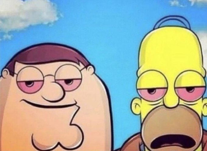 A cartoon image of Peter Griffin and Homer Simpson from Family Guy with pink/red sleepy-looking eyes against a blue sky background.
