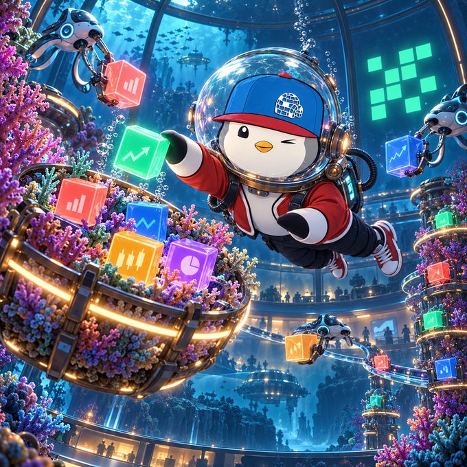 An AI-generated illustration shows a penguin character in a spacesuit and red jacket winking and pointing, floating in a futuristic aquatic arena filled with coral, drones, and holographic charts.