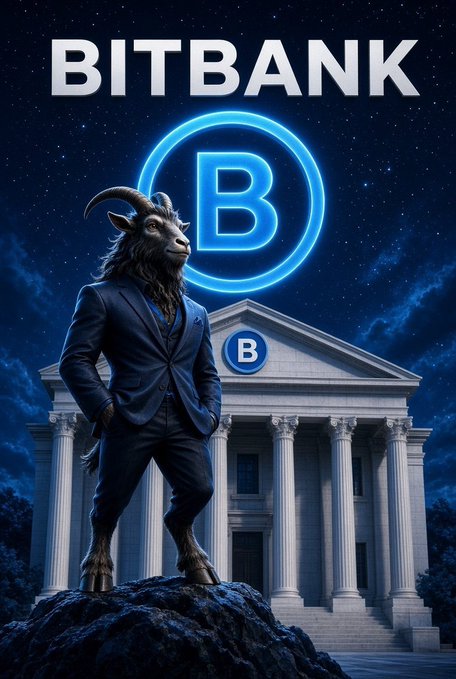 A promotional graphic for "BITBANK" cryptocurrency showing an anthropomorphic goat in a business suit standing on a rock in front of a classical building with columns, under a glowing blue "B" logo against a starry night sky.