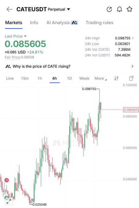 A cryptocurrency trading chart displays CATEUSDT perpetual at a last price of 0.085605 USD, showing a 24.81% increase with a 24h high of 0.098755, visually illustrating the claimed 250% gain from its 0.025049 low.