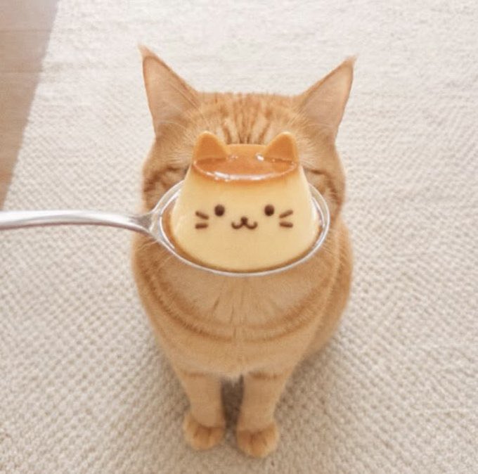 An orange tabby cat sits looking at the camera while a spoon holding a cat-shaped custard pudding (with cat face design) is held up in front of it.
