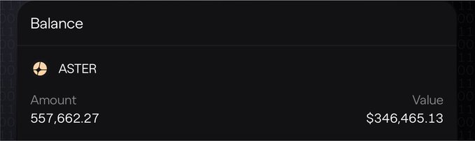 A cryptocurrency balance display showing 'ASTER' with an amount of 557,662.27 and a value of $346,465.13.