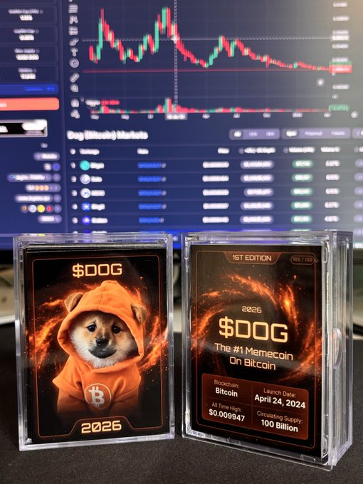 Two collectible-style trading cards featuring Dogecoin ($DOG) imagery, including a Shiba Inu dog in an orange Bitcoin hoodie, sit in protective cases in front of a computer screen displaying a cryptocurrency price chart.