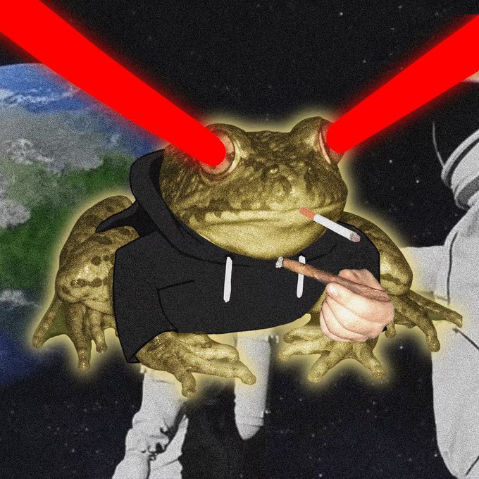 A photoshopped frog in a black hoodie smokes a cigarette and wields red laser beams from its eyes against a cosmic backdrop with Earth, visually personifying the "thriving" $FRONG economy meme with chaotic, meme energy.