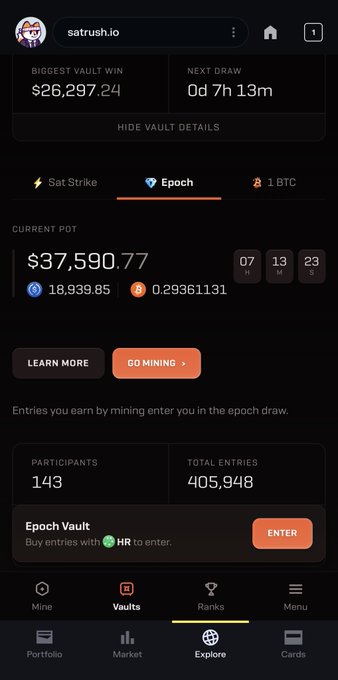 A mobile app screenshot from satrush.io displays vault details including a 'BIGGEST VAULT WIN' of $26,297.24, a 'CURRENT POT' of $37,590.77 with Bitcoin (18,939.85) and HR (0.29361131), and an 'Epoch Vault' with an 'ENTER' button.