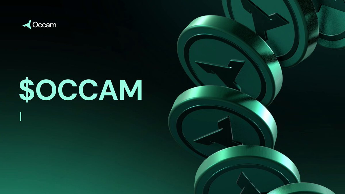 The image features a series of green coins stacked vertically, with the word "OCCAM" written above them. The text "Announcement video for @useOccam" is also present below the coins. This suggests that there might be an announcement or event related to Occam's theorem in progress, and the coins are being used as a visual aid during the presentation.