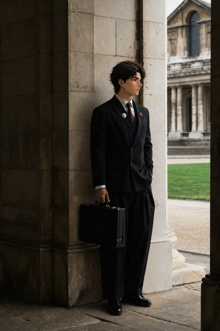 A young man in a sharp black suit and tie stands against a stone column, holding a briefcase with a view of classical architecture in the background. The image complements the post's theme of "gm" (good morning) Monday motivation, embodying a polished, professional look ready to tackle the workweek.