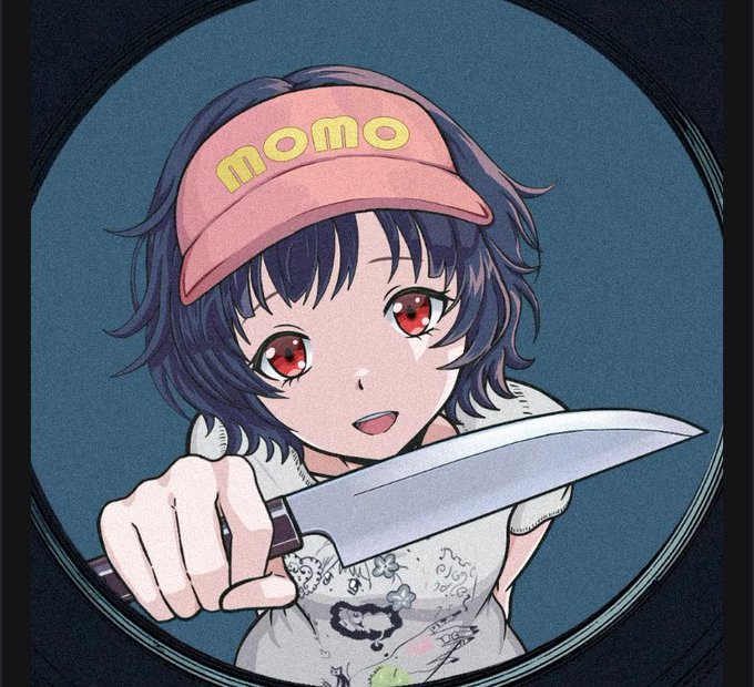 An anime-style illustration of a girl with short dark hair and red eyes, wearing a pink visor with 'momo' written in yellow and a white patterned shirt, pointing a large kitchen knife toward the viewer.