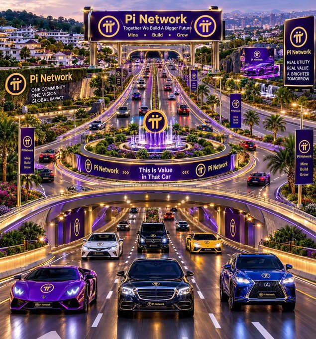 A vibrant promotional graphic for Pi Network featuring multiple billboards and banners with slogans like 'Together We Build A Bigger Future', 'Mine • Build • Grow', 'ONE COMMUNITY, ONE VISION, GLOBAL IMPACT', and 'REAL UTILITY, REAL VALUE, BRIGHTER TOMORROW' alongside images of luxury cars on a highway.