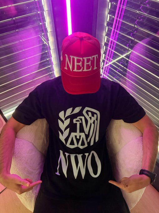 A person sits in a neon-lit room wearing a red "NEET" cap and a black "NWO" t-shirt, making hand gestures toward the camera. The image visually reinforces the post's celebration of $NEET's all-time high, with the "NWO" standing for "Neet World Order" as referenced in the caption.