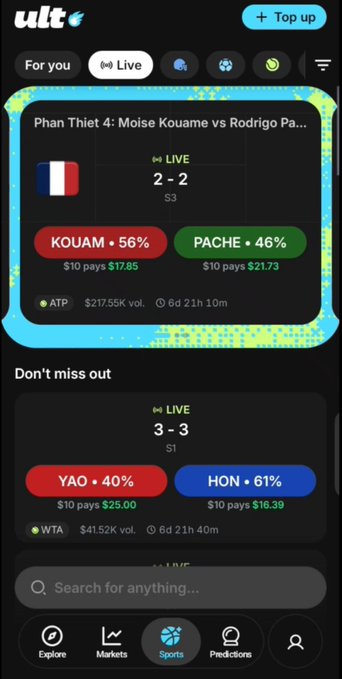 A Polymarket mobile app screen showing live sports predictions including Phan Thiet 4: Moise Kouame vs Rodrigo Pache (2-2, ATP) and a WTA match (3-3, YAO vs HON).