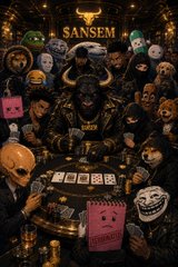An artistic dark illustration featuring the SANSEM crypto/token mascot and various meme characters gathered around a gambling table with cards and dice.