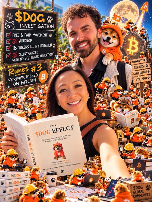 AI-generated promotional collage for '$DOG INVESTIGATION' cryptocurrency, showing a couple holding a book titled 'THE $DOG EFFECT' surrounded by cartoon shiba inu dogs wearing construction helmets, with text mentioning 'Runes #3 FOREVER ETCHED ON BITCOIN' and 'COMMUNITY RESEARCH GLOBAL THEORY TO THE MOON'.