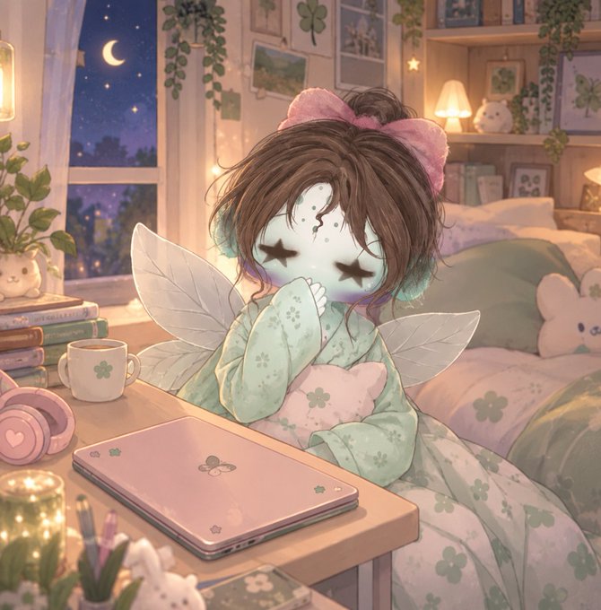A digital illustration depicts a cute character with brown hair, a pink bow, and fairy wings wearing green pajamas with a four-leaf clover pattern, sitting at a desk with a laptop in a cozy room at night.