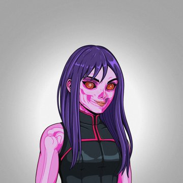 A stylized digital illustration of a purple-haired anime-style female character with pink face markings and glowing red eyes, wearing a black outfit with red trim, shown in a confident pose. The character appears unrelated to the text, which mentions "BLM+BLB top holders" and references an OpenSea collection link for "kag."