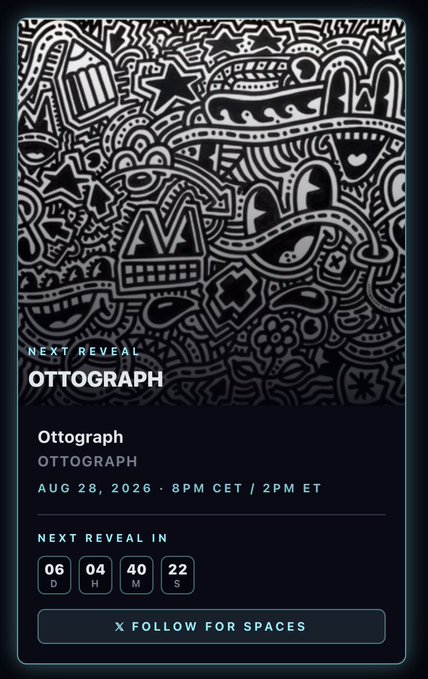 A promotional countdown graphic for an "OTTOGRAPH" reveal on August 28, 2026, at 8PM CET / 2PM ET, featuring dense black-and-white doodle artwork including stars, a McDonald's "M" logo, and the letters "LOO." The image accompanies a post announcing a new MYO artist edition by legendary artist Ottograph on Friday the 28th at 8PM CET, with a countdown showing 6 days, 4 hours, 40 minutes, and 22 seconds remaining.