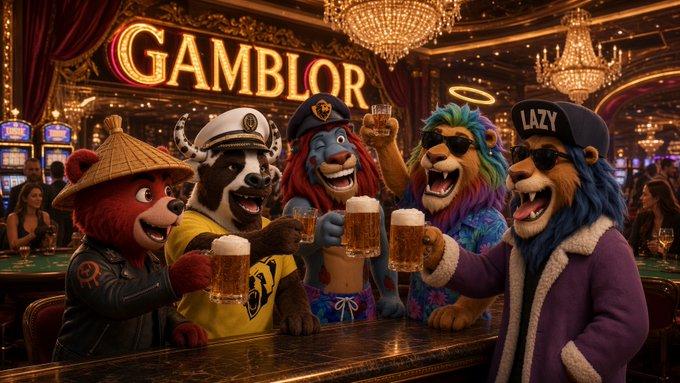 An AI-generated casino scene with a glowing 'GAMBLOR' sign and chandeliers, showing anthropomorphic animal characters (a panda sailor, a lion captain, a rainbow-maned lion, a bear in a 'LAZY' cap, and a red bear in a conical hat) toasting with mugs of beer at the bar.