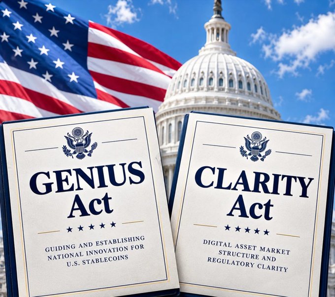 A U.S. Capitol image with an American flag features two bill covers titled “GENIUS Act” and “CLARITY Act,” promoting the post’s claim that the GENIUS Act has passed and the CLARITY Act is coming soon, bullish for XRP and crypto.