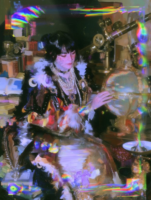 A surreal, glitchy photograph of a woman in elaborate vintage clothing with pearls, feathers, and ornate details, surrounded by decorative objects including a globe and bottles, with rainbow chromatic aberration effects throughout.