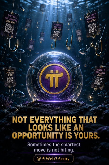 A glowing Pi Network coin sits inside a protective bubble, surrounded by baited fishing hooks labeled with scammy promises like "EASY PI," "DOUBLE YOUR PI," "PI AIRDROP," "PI GIVEAWAY," and "INVEST 1 PI GET 1000 PI BACK," visually reinforcing the caption's warning that not every tempting opportunity in the Pi ecosystem is worth biting on.