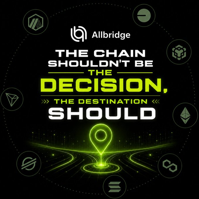 A promotional graphic for Allbridge features the text 'THE CHAIN SHOULDN'T BE THE DECISION, THE DESTINATION SHOULD' with a glowing location pin and various blockchain network logos surrounding it.