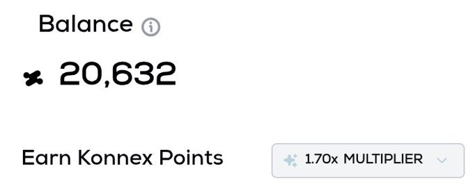 A balance display showing 20,632 KONNEX tokens with an 'Earn Konnex Points' option offering a 1.70x multiplier.