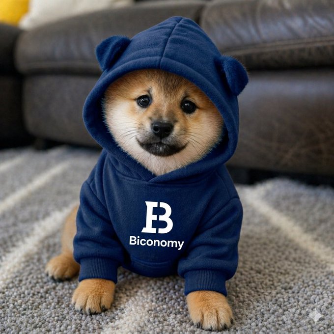 A Shiba Inu puppy wearing a navy blue hoodie with the 'Biconomy' logo, sitting on a rug.