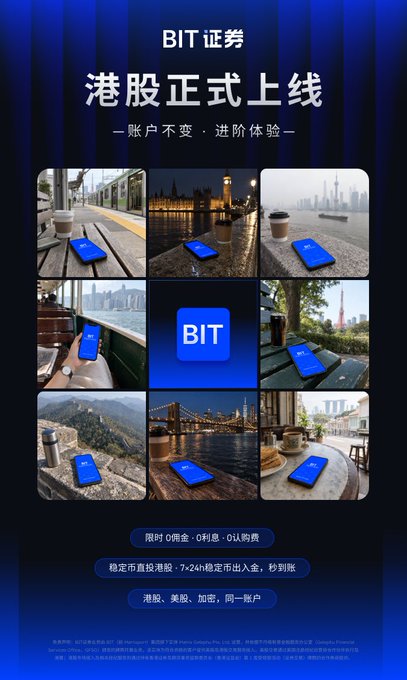 A BIT Securities promotional poster announces the official launch of its Hong Kong stock trading service, featuring a grid of urban lifestyle photos with the blue BIT app icon and Chinese text "港股正式上线" (Hong Kong Stocks Officially Live), highlighting benefits including 0% commission and 24/7 stablecoin deposits and withdrawals via a single account.
