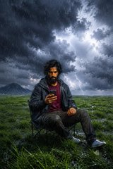 A man sits in a chair in a green field under a dramatic, stormy sky, looking at his phone with a mountain visible in the background.