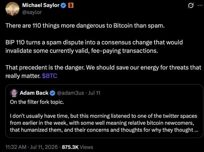 A tweet from Michael Saylor (@saylor) stating 'There are 110 things more dangerous to Bitcoin than spam,' discussing BIP 110, with a quoted tweet from Adam Back (@adam3us) about the filter fork topic.