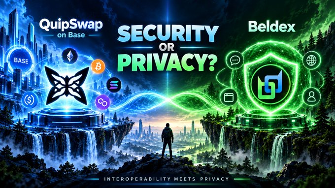 A digital illustration split between blue ("QuipSwap on Base") and green ("Beldex") futuristic cityscapes with a lone figure standing between them, centered around the bold text "SECURITY OR PRIVACY?" with the tagline "INTEROPERABILITY MEETS PRIVACY" at the bottom—visually representing the post's theme of weighing blockchain security (QuipSwap on Base) against online privacy (Beldex).