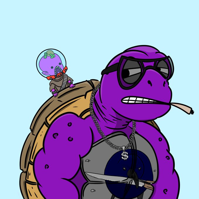 A cartoon illustration of a purple muscular turtle wearing sunglasses, a gold dollar sign chain, and holding a knife, with a smaller turtle wearing an oxygen helmet riding on its shell.