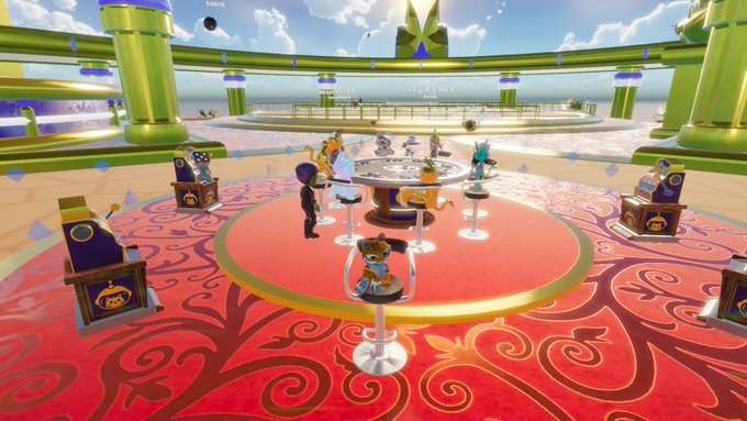 A vibrant, cartoon-style virtual casino scene on Nifty Island shows MarsCatsVoyage characters gathered around a central gaming table on an ornate red carpeted platform. In the background, a banner reading "Nifty Island" appears on a grand floating structure, with floating islands visible beyond—tying directly to the tweet's mention of gambling with the MarsCatsVoyage community on Nifty Island.