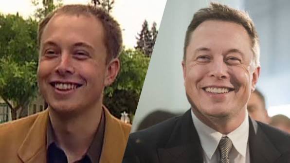 A side-by-side comparison photo showing a younger man on the left (resembling a younger Elon Musk) and Elon Musk on the right.