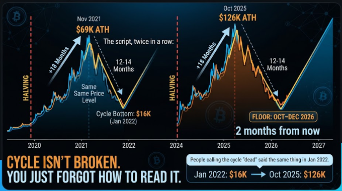A financial chart comparing two Bitcoin price cycles showing 'HALVING' events, with text including 'Nov 2021 $69K ATH', 'Oct 2025 $126K ATH', 'FLOOR: OCT-DEC 2026', and 'CYCLE ISN'T BROKEN. YOU JUST FORGOT HOW TO READ IT.'