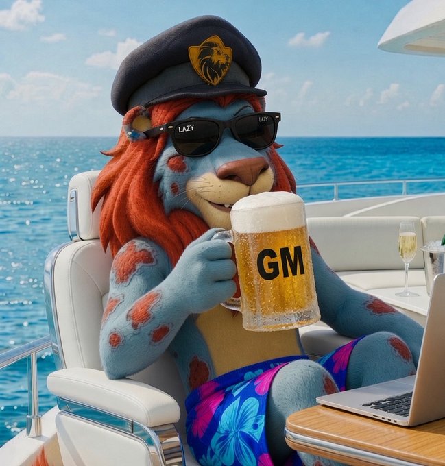 A digital illustration of a relaxed anthropomorphic lion wearing sunglasses labeled 'LAZY' and a captain's hat, holding a frosty beer mug labeled 'GM' while sitting on a yacht with a laptop and champagne.