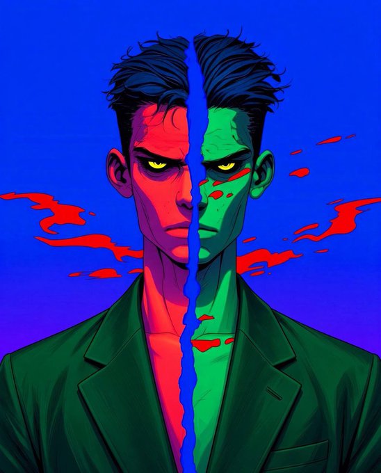 A stylized anime-style illustration of a man split down the middle, with one half rendered in red and the other in green against a blue background with red clouds.