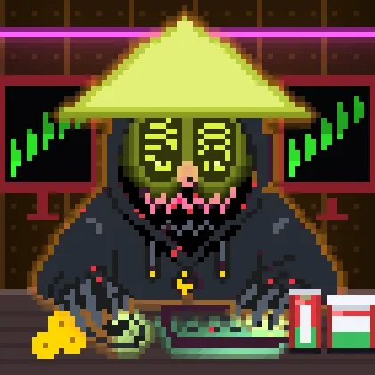 A pixel art character wearing a yellow conical hat and a dark hooded robe sits before green trading charts on monitors, with yellow cheese, a red can, and green books on the desk—depicting the "Tradooor" NFT (#371) that was sold for 0.054 ETH on OpenSea. The trader's setup with rising charts symbolizes the NFT transaction referenced in the post.