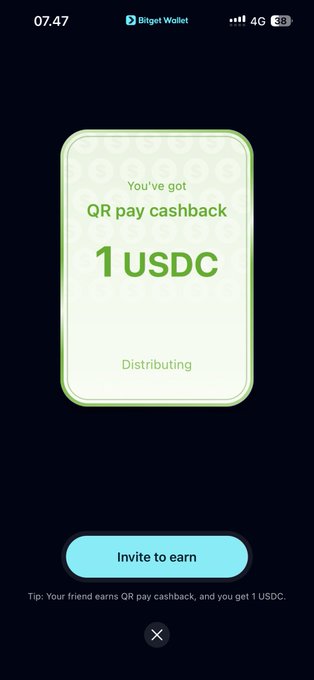 A mobile app screenshot from Bitget Wallet shows 'You've got QR pay cashback' of '1 USDC' with a 'Distributing' status and an 'Invite to earn' button.