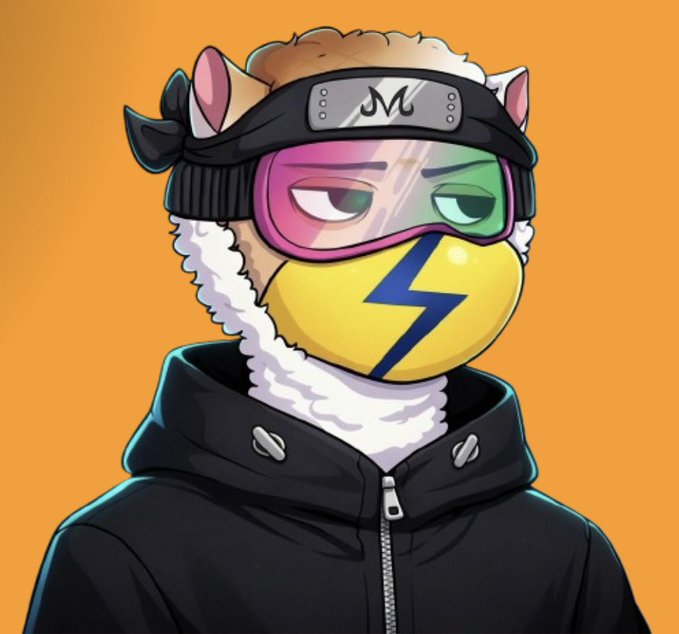An illustration of an alpaca or llama character wearing a black hoodie, pink and green ski goggles, and a black ninja headband with the letter 'M', set against an orange background.