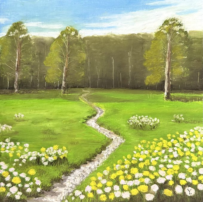 A painted landscape depicting a winding path through a green meadow with yellow and white wildflowers in the foreground, leading toward a line of green trees under a partly cloudy blue sky.