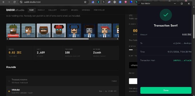 A screenshot of the BADDR Studio NFT mint page showing a price of 0.02 ZEC, 2,689 listed, 188 treasury, with a 'Transaction Sent!' notification for 0.02 ZEC on Zash.