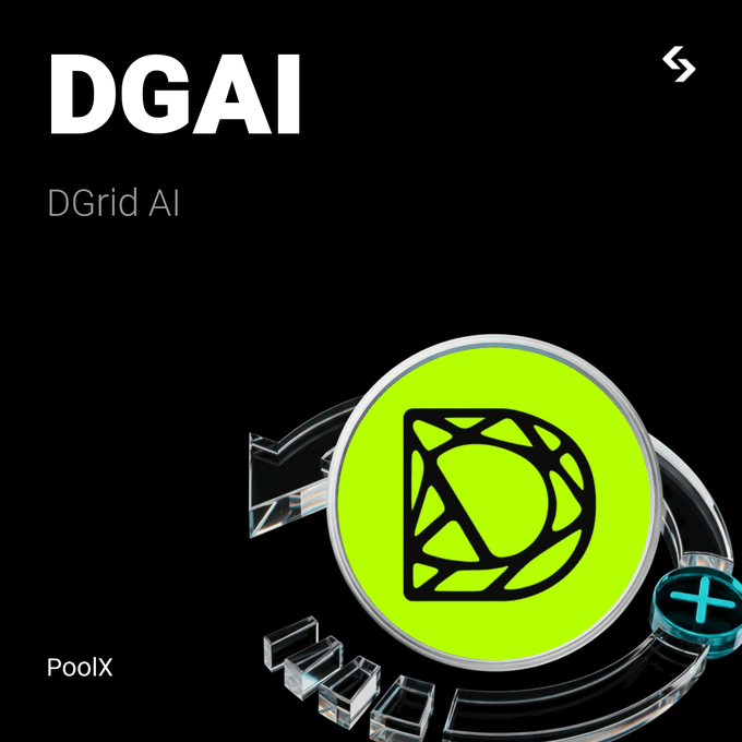 Digital graphic for DGAI (DGrid AI) showing the PoolX logo, featuring a bright green circular emblem with a geometric D-shaped design on a black background.