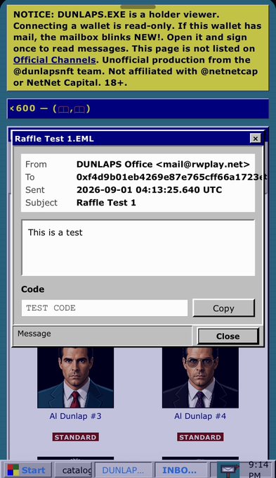 A screenshot of an application called DUNLAPS.EXE showing a holder viewer interface with a test message from 'DUNLAPS Office', code entry fields, and portraits labeled 'Al Dunlap #3' and 'Al Dunlap #4'.