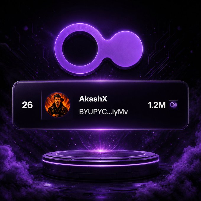 A digital achievement card displays rank 26 for user "AkashX" with 1.2M of an infinity token, featuring a purple neon infinity symbol design.